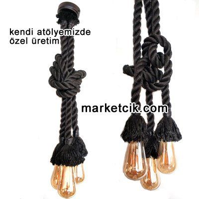 Tarzavize Dekoratif 3 lü Siyah Halatlı Dekoratif Halat Sarkıt Avize Porselen Duy