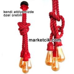 Tarzavize Dekoratif 3 lü Kırmızı Halatlı Dekoratif Halat Sarkıt Avize Siyah Duy