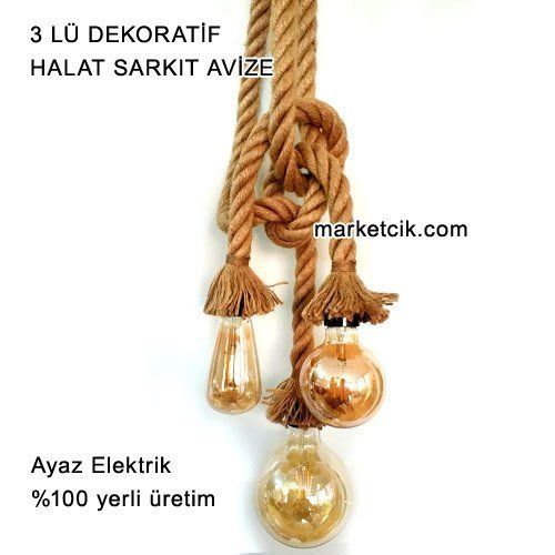 Tarzavize Dekoratif 3 lü Orjinal Jut Halatlı Dekoratif Halat Sarkıt Avize, AMPUL DAHİL Porselen Duy