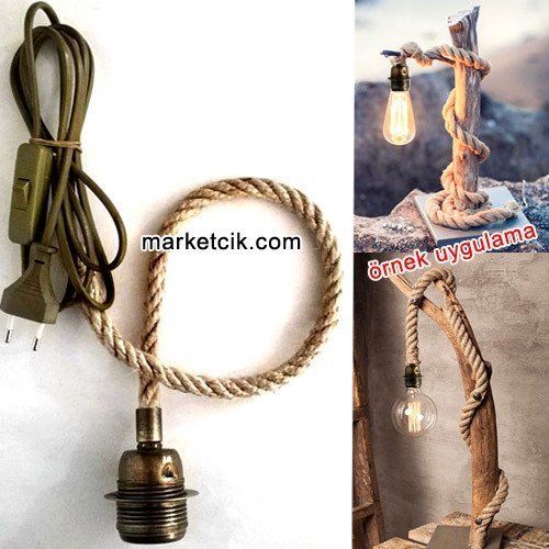 Ağaç Dalı Lambader Yapımı İçin Eskitme Duylu Anahtarlı Kablolu 1cm Jut Hasır Halat Kablo 3 Metre