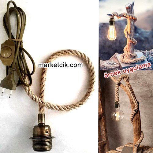 Ağaç Dalı Lambader Yapımı İçin Eskitme Duylu Dimer Anahtarlı Kablolu 1cm Jut Hasır Halat Kablo 5 Metre