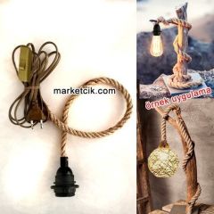 Ağaç Dalı Lambader Yapımı İçin Siyah Şapka Duylu Anahtarlı Kablolu 1cm Jut Hasır Halat Kablo 2 Metre