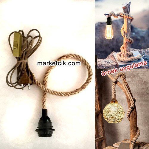 Ağaç Dalı Lambader Yapımı İçin Siyah Şapka Duylu Anahtarlı Kablolu 1cm Jut Hasır Halat Kablo 4 Metre