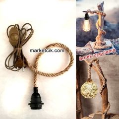 Ağaç Dalı Lambader Yapımı İçin Siyah Şapka Duylu Dimer Anahtarlı Kablolu 1cm Jut Hasır Halat Kablo 1,5 Metre