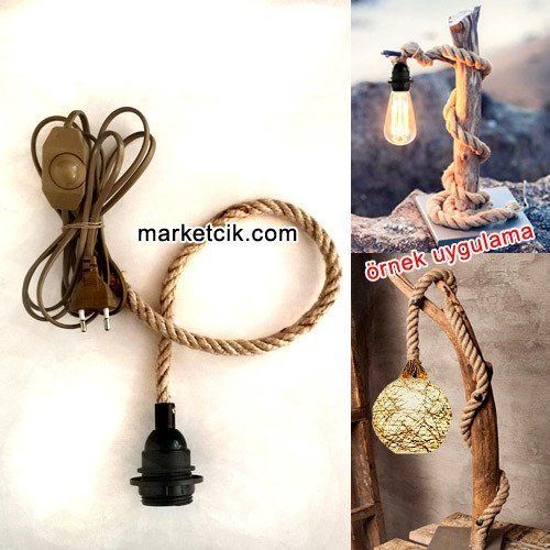 Ağaç Dalı Lambader Yapımı İçin Siyah Şapka Duylu Dimer Anahtarlı Kablolu 1cm Jut Hasır Halat Kablo 5 Metre