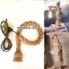 Ağaç Dalı Lambader Yapımı İçin Plastik Duylu Anahtarlı Kablolu 2cm Jut Hasır Halat Kablo 2,5 Metre