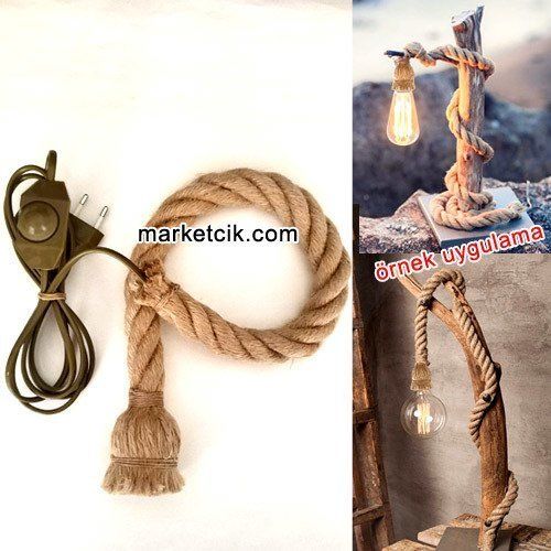Ağaç Dalı Lambader Yapımı İçin Plastik Duylu Dimer Anahtarlı Kablolu 2cm Jut Hasır Halat Kablo 4 Metre