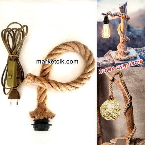Ağaç Dalı Lambader Yapımı İçin Siyah Şapka Duylu Anahtarlı Kablolu 2cm Jut Hasır Halat Kablo 4,5 Metre