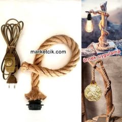 Ağaç Dalı Lambader Yapımı İçin Siyah Şapka Duylu Dimer Anahtarlı Kablolu 2cm Jut Hasır Halat Kablo 2 Metre