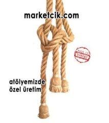 Dekoratif 3 lü Orjinal Jut Halatlı Dekoratif Halat Sarkıt Avize, Kancaya Takılan Rozanslı Siyah Duy