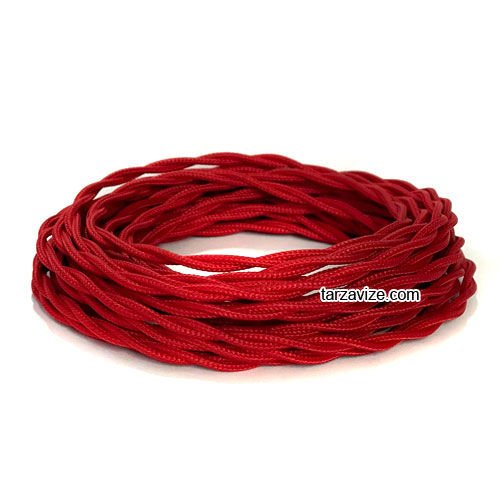 Tarzavize 2x0,50mm Kırmızı Renkli Dekoratif BURGULU Kumaş Kablo, 5 Metre