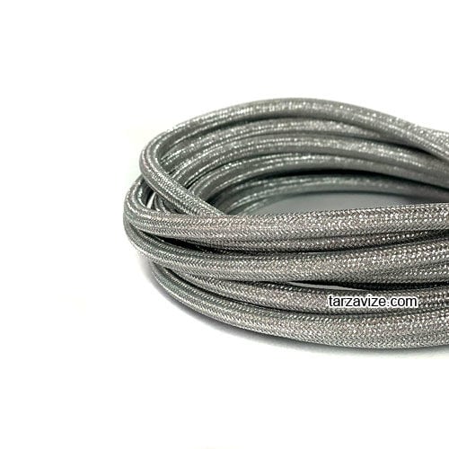 Tarzavize 2x0,50mm Krom Gümüş Renk Dekoratif Örgülü Kumaş Kablo, 5 Metre