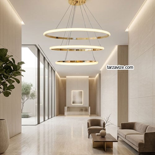 Paris Gold Kasa Modern LED Avize 3 Renk Işıklı Tekli Sarkıt Tarz Avize