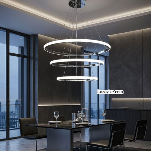 Paris Krom Kasa Modern LED Avize 3 Renk Işıklı Tekli Sarkıt Tarz Avize