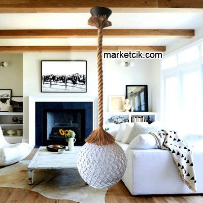 Tarzavize Beyaz Hasır Şapkalı Halat Avize Avize