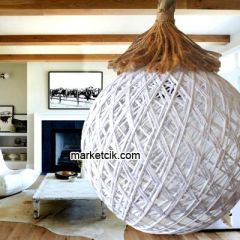 Tarzavize Beyaz Hasır Şapkalı Halat Avize Avize+Led Ampul