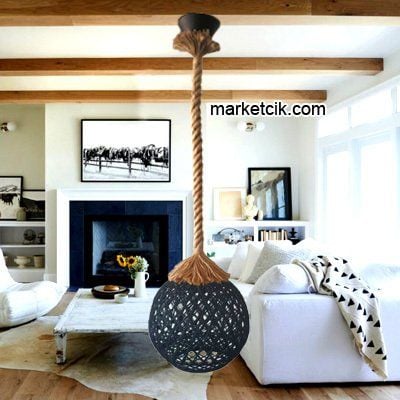 Tarzavize Siyah Hasır Şapkalı Halat Avize Avize+Led Ampul