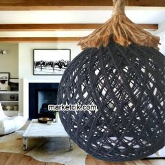 Tarzavize Siyah Hasır Şapkalı Halat Avize Avize+Led Ampul