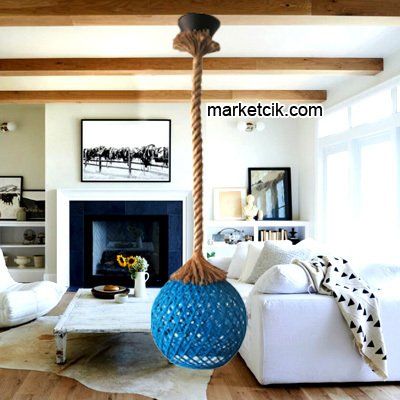 Tarzavize Mavi Hasır Şapkalı Halat Avize Avize+Led Ampul