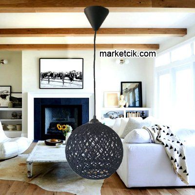 Tarzavize Siyah Hasır Şapkalı Siyah Kablolu Avize Avize+Led Ampul