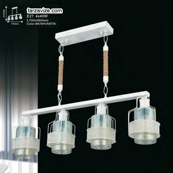 Tarzavize Camlı Krem Metal İşlemeli Halatlı Dekoratif Retro Rustik Avize 4xE27 Duylu