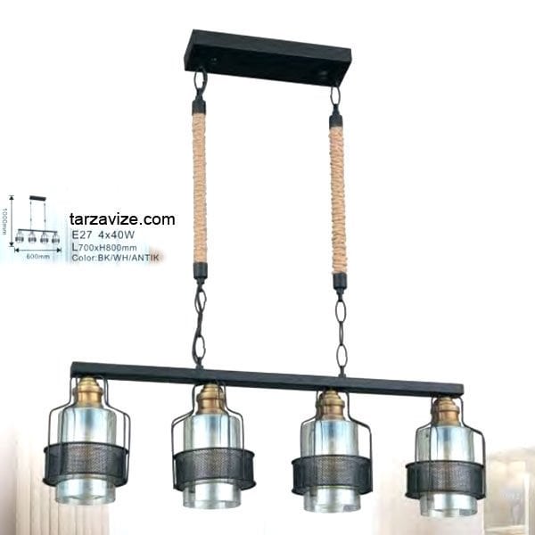 Tarzavize Camlı Siyah Metal İşlemeli Halatlı Dekoratif Retro Rustik Avize 4xE27 Duylu