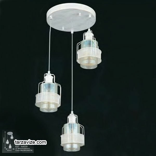 Tarzavize Camlı Krem Metal İşlemeli Dekoratif Retro Rustik Avize 3xE27 Duylu