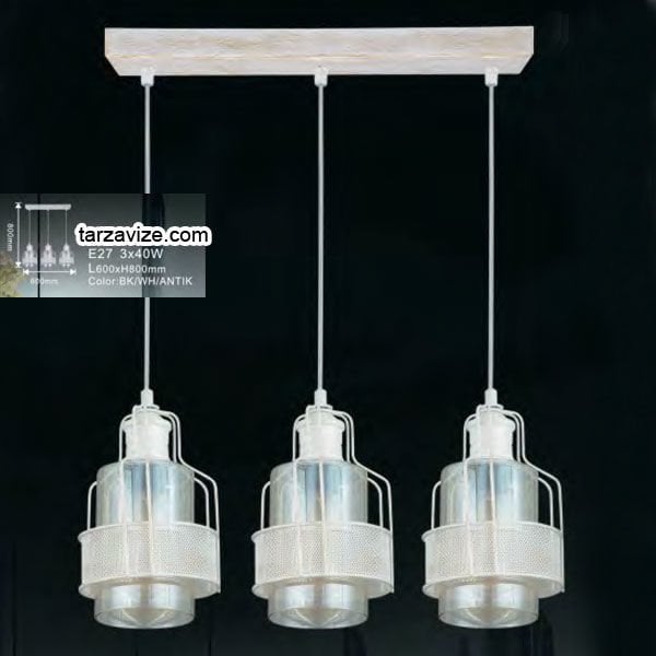 Tarzavize Camlı Krem Metal İşlemeli Dekoratif Retro Rustik Avize 3xE27 Duylu