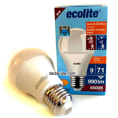 Ecolite Gece ve Gündüze Duyarlı Hareket Sensörlü 9 Watt Led Ampul Beyaz Işık