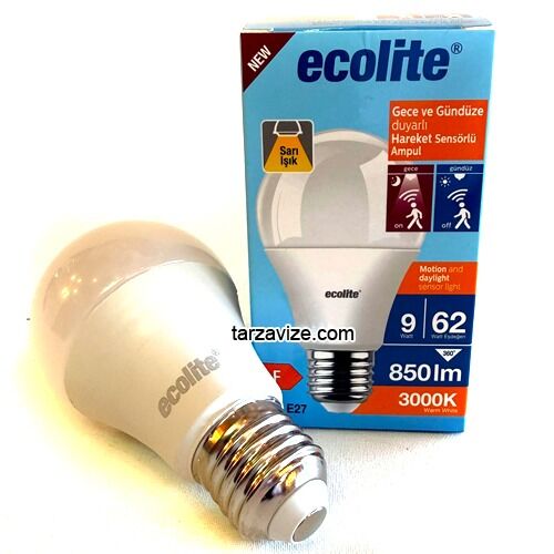 Ecolite Gece ve Gündüze Duyarlı Hareket Sensörlü 9 Watt Led Ampul Sarı Işık