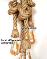 Tarzavize Dekoratif 4 lü Halat Sarkıt Avize, Metal Duylu ve Rozanslı, AMPUL DAHİL Porselen Duy